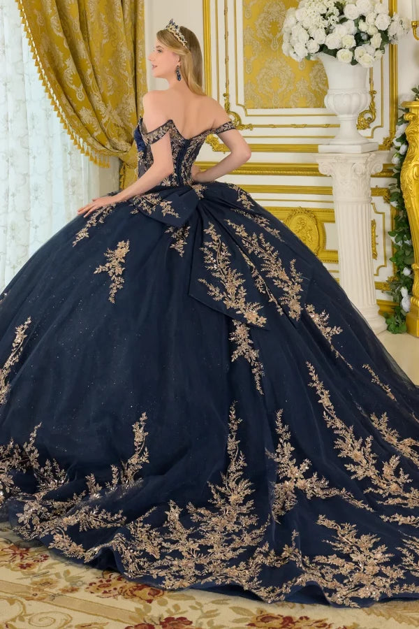 Elizabeth K NAVY/GOLD Satin, Glitter Mesh Ball Gown Quinceanera Dresses