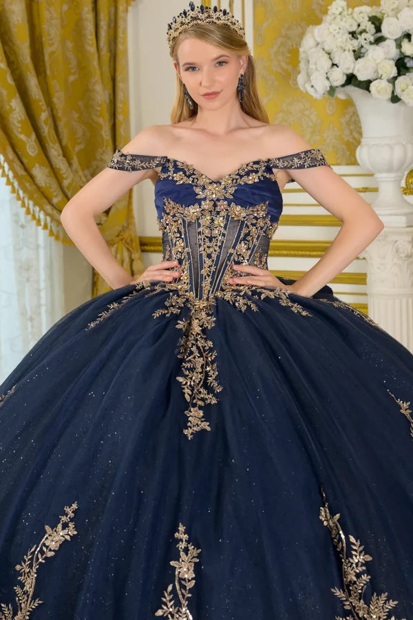 Elizabeth K NAVY/GOLD Satin, Glitter Mesh Ball Gown Quinceanera Dresses