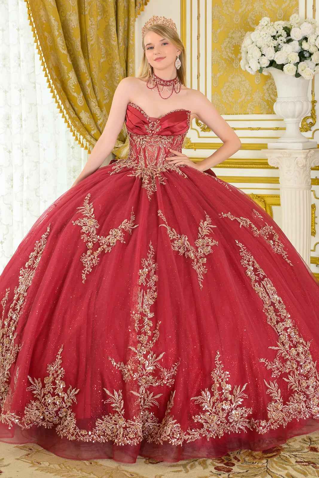 Strapless Beaded Quinceañera Ball Gown with Corset Back & Train by Elizabeth K GL3675
