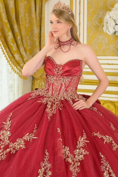 Strapless Beaded Quinceañera Ball Gown with Corset Back & Train by Elizabeth K GL3675