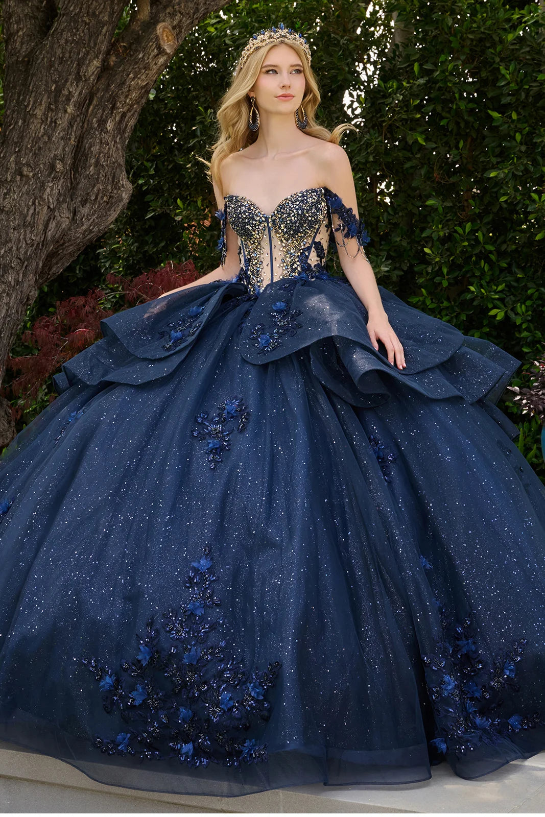 Off-Shoulder Sweetheart Dress with 3D Floral Applique, Beading & Glitter Tulle by Elizabeth K GL3676