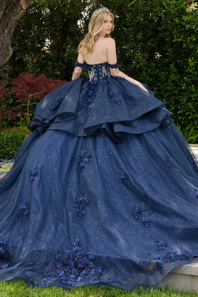 Off-Shoulder Sweetheart Dress with 3D Floral Applique, Beading & Glitter Tulle by Elizabeth K GL3676