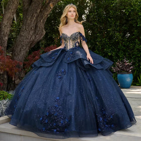 Off-Shoulder Sweetheart Dress with 3D Floral Applique, Beading & Glitter Tulle by Elizabeth K GL3676