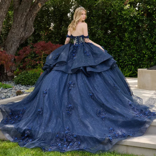 Off-Shoulder Sweetheart Dress with 3D Floral Applique, Beading & Glitter Tulle by Elizabeth K GL3676