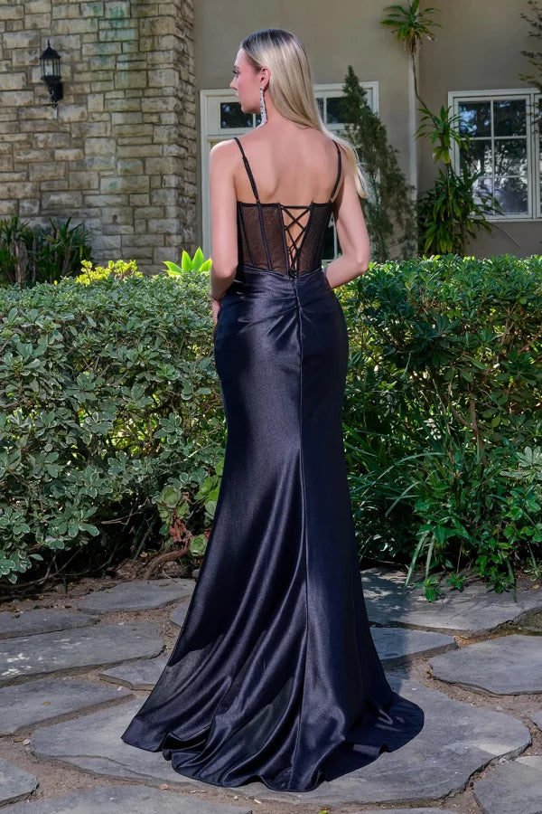 Sleeveless Sequin Mesh Bodice Corset Prom Dress Satin Fitted Gown with Slit by Elizabeth K GL3677