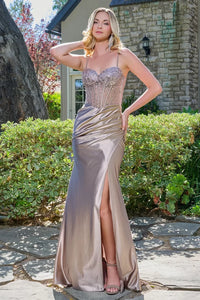 Sleeveless Sequin Mesh Bodice Corset Prom Dress Satin Fitted Gown with Slit by Elizabeth K GL3677