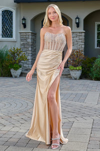 Strapless Corset Prom Dress with Sheer Bodice Satin Ruched Long Formal Gown by Elizabeth K GL3679