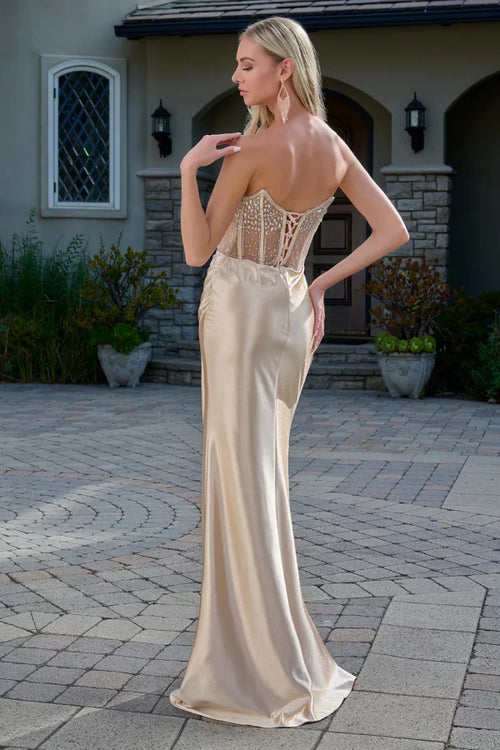 Strapless Corset Prom Dress with Sheer Bodice Satin Ruched Long Formal Gown by Elizabeth K GL3679