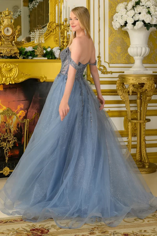 Off-Shoulder Beaded Corset Bodice Glitter A-Line Formal Gown with Leg Slit by Elizabeth K GL3682