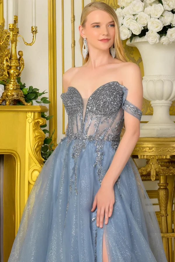 Off-Shoulder Beaded Corset Bodice Glitter A-Line Formal Gown with Leg Slit by Elizabeth K GL3682