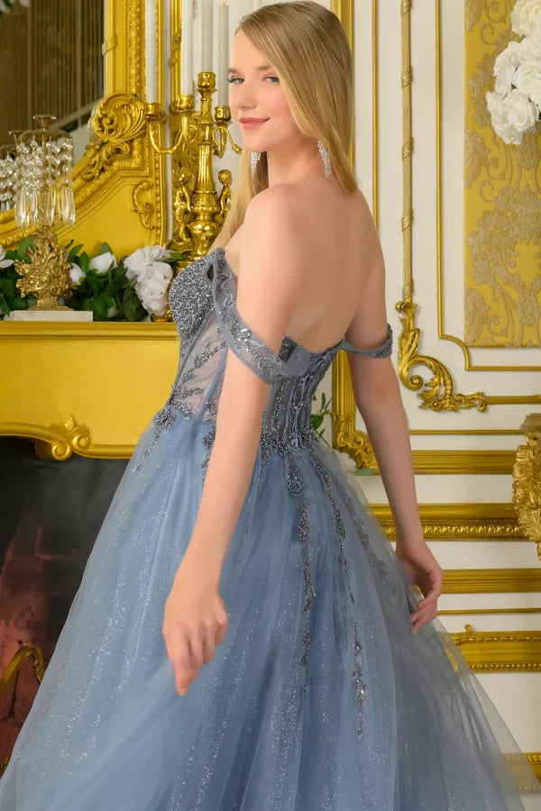Off-Shoulder Beaded Corset Bodice Glitter A-Line Formal Gown with Leg Slit by Elizabeth K GL3682