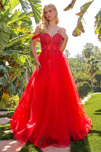 Off-Shoulder Beaded Corset Bodice Glitter A-Line Formal Gown with Leg Slit by Elizabeth K GL3682