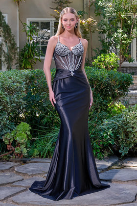 Sleeveless Corset with Beaded Sheer Bodice Lace-Up Back & Sweep Train by Elizabeth K GL3686