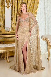 Beaded Corset V-Neck Fitted Gown with Slit Sequin Cape Sleeve Prom Dress by Elizabeth K GL3698