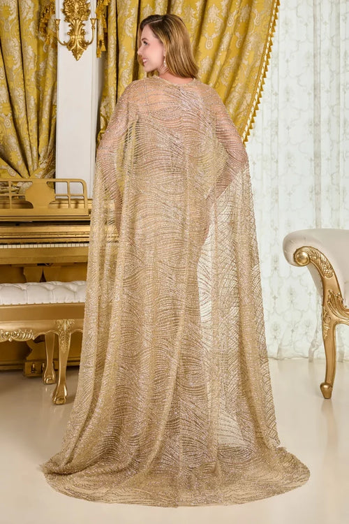 Beaded Corset V-Neck Fitted Gown with Slit Sequin Cape Sleeve Prom Dress by Elizabeth K GL3698
