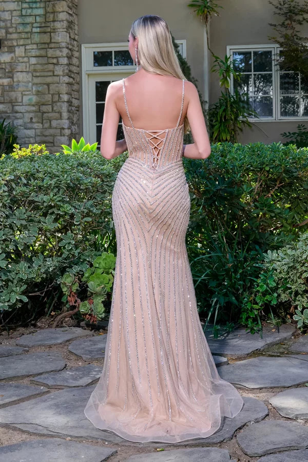 Beaded Corset Fitted Sequin with Side Slit & Lace-Up Back Prom Dress by Elizabeth K GL3703