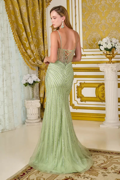 Beaded Corset Fitted Sequin with Side Slit & Lace-Up Back Prom Dress by Elizabeth K GL3703