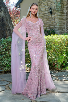 Beaded Sequin Evening Gown with Cape Sleeves Sweetheart Corset Bodice & Lace-Up Back by Gloria GL3704