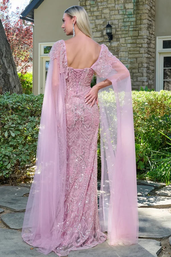 Beaded Sequin Evening Gown with Cape Sleeves Sweetheart Corset Bodice & Lace-Up Back by Gloria GL3704