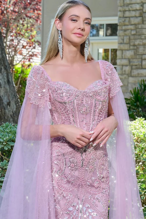 Beaded Sequin Evening Gown with Cape Sleeves Sweetheart Corset Bodice & Lace-Up Back by Gloria GL3704