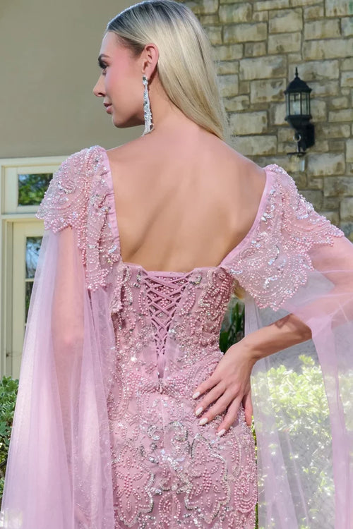 Beaded Sequin Evening Gown with Cape Sleeves Sweetheart Corset Bodice & Lace-Up Back by Gloria GL3704