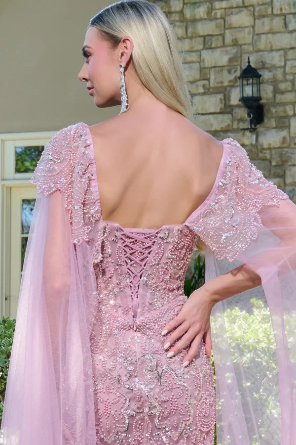 Beaded Sequin Evening Gown with Cape Sleeves Sweetheart Corset Bodice & Lace-Up Back by Gloria GL3704