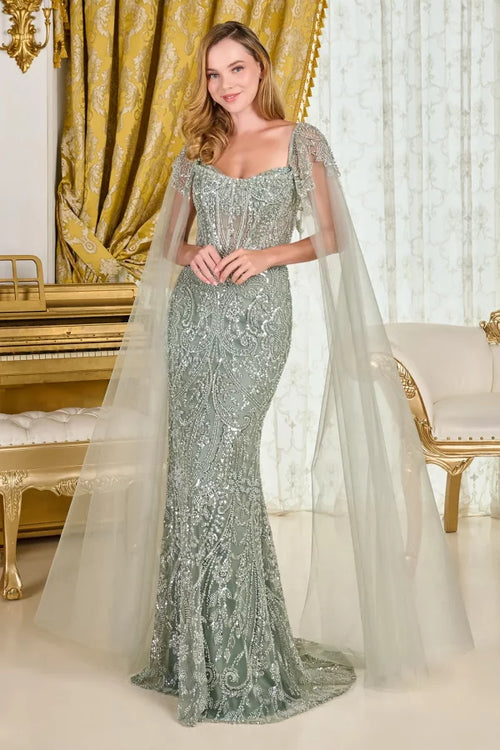 Beaded Sequin Evening Gown with Cape Sleeves Sweetheart Corset Bodice & Lace-Up Back by Gloria GL3704