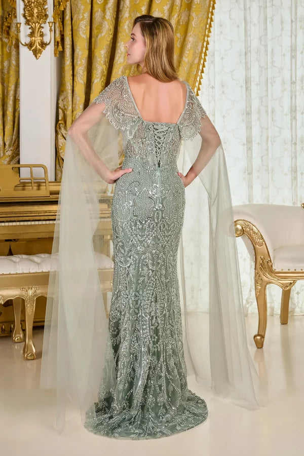 Beaded Sequin Evening Gown with Cape Sleeves Sweetheart Corset Bodice & Lace-Up Back by Gloria GL3704