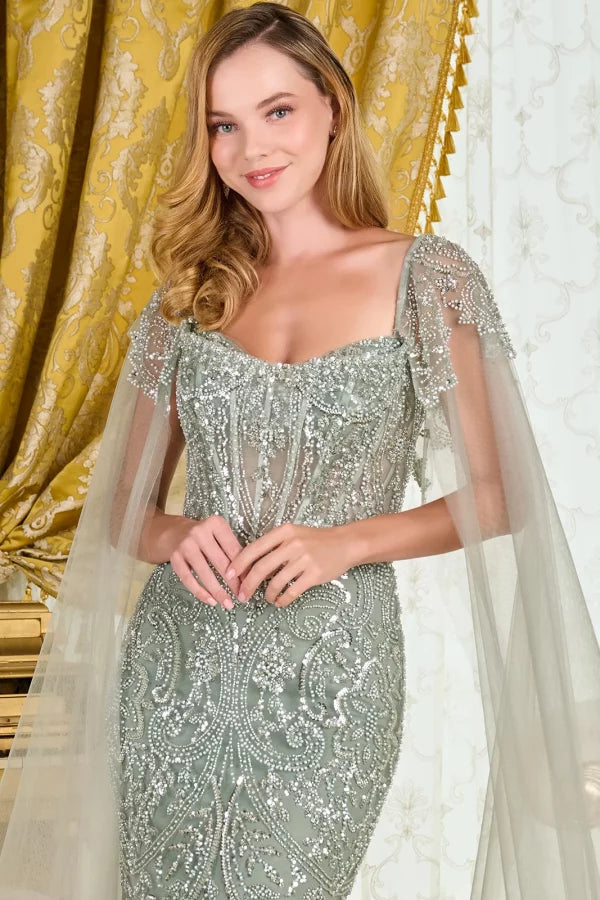 Beaded Sequin Evening Gown with Cape Sleeves Sweetheart Corset Bodice & Lace-Up Back by Gloria GL3704