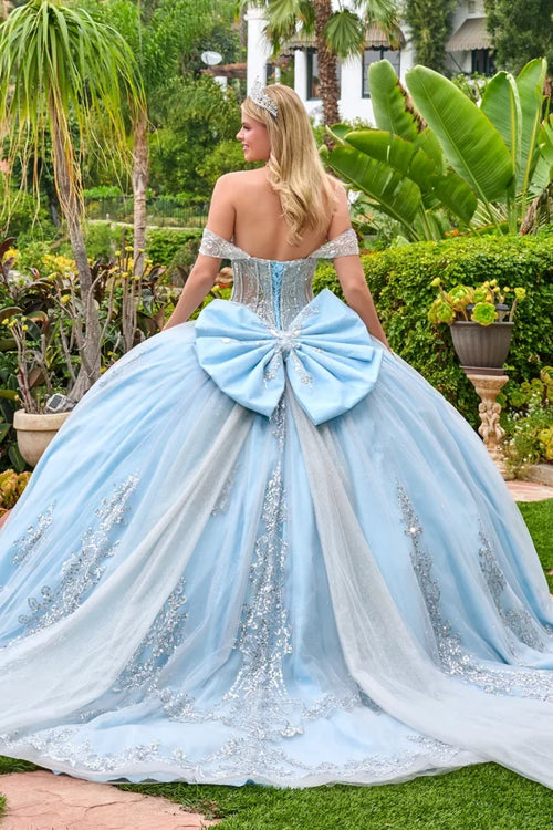 Off-The-Shoulder Sweetheart Beaded Corset Ball Gown with Oversized Bow by Elizabeth K GL3707