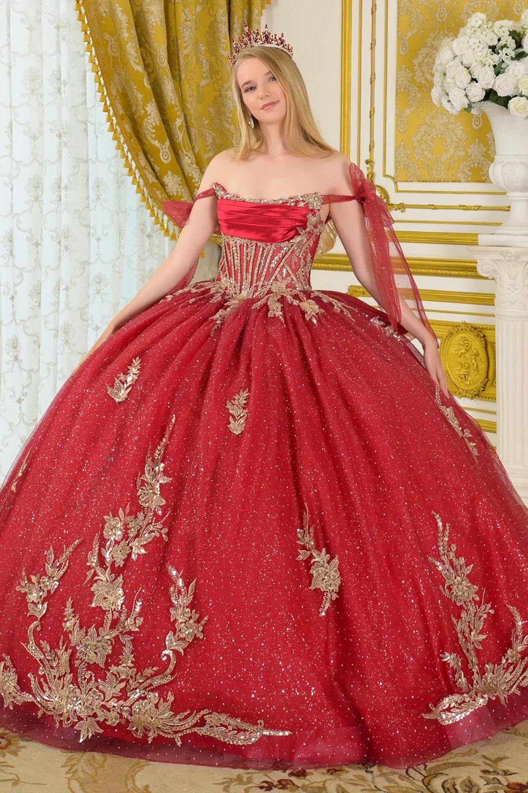Off Shoulder Strap Boat Neck Satin Corset Glitter Ball Gown with Bow by Elizabeth K GL3710