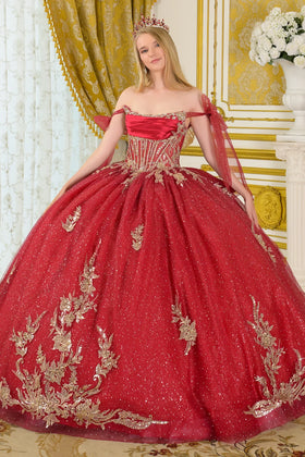 Off Shoulder Strap Boat Neck Satin Corset Glitter Ball Gown with Bow by Elizabeth K GL3710