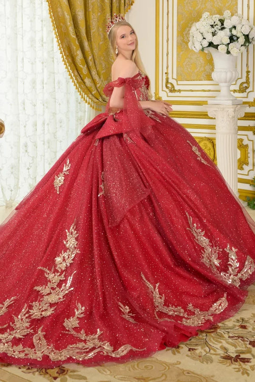 Off Shoulder Strap Boat Neck Satin Corset Glitter Ball Gown with Bow by Elizabeth K GL3710