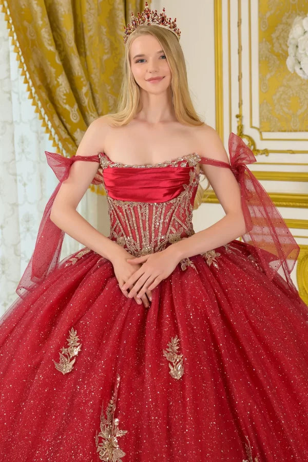 Off Shoulder Strap Boat Neck Satin Corset Glitter Ball Gown with Bow by Elizabeth K GL3710