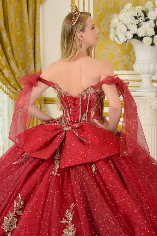 Off Shoulder Strap Boat Neck Satin Corset Glitter Ball Gown with Bow by Elizabeth K GL3710