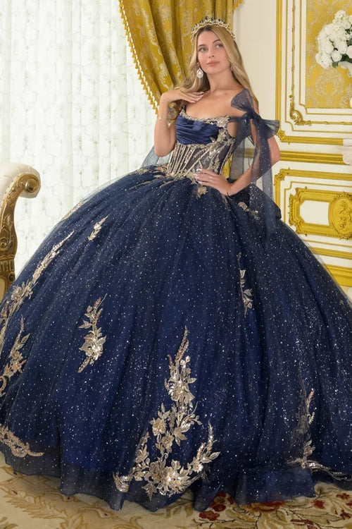 Off Shoulder Strap Boat Neck Satin Corset Glitter Ball Gown with Bow by Elizabeth K GL3710