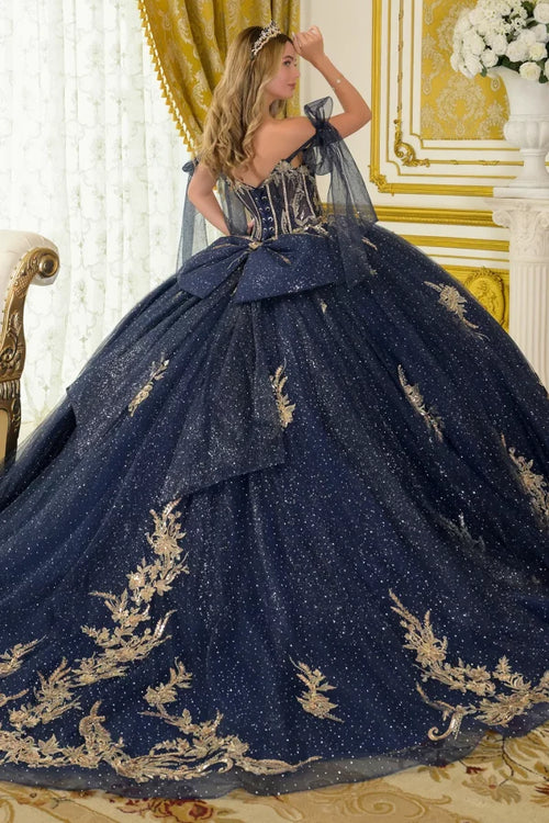 Off Shoulder Strap Boat Neck Satin Corset Glitter Ball Gown with Bow by Elizabeth K GL3710