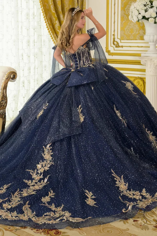 Off Shoulder Strap Boat Neck Satin Corset Glitter Ball Gown with Bow by Elizabeth K GL3710