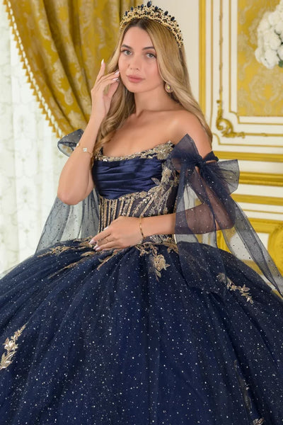 Off Shoulder Strap Boat Neck Satin Corset Glitter Ball Gown with Bow by Elizabeth K GL3710