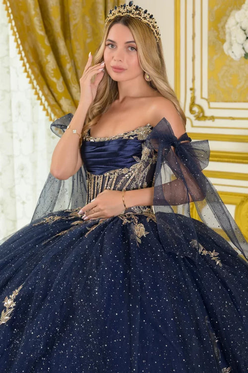 Off Shoulder Strap Boat Neck Satin Corset Glitter Ball Gown with Bow by Elizabeth K GL3710