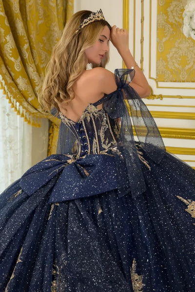 Off Shoulder Strap Boat Neck Satin Corset Glitter Ball Gown with Bow by Elizabeth K GL3710