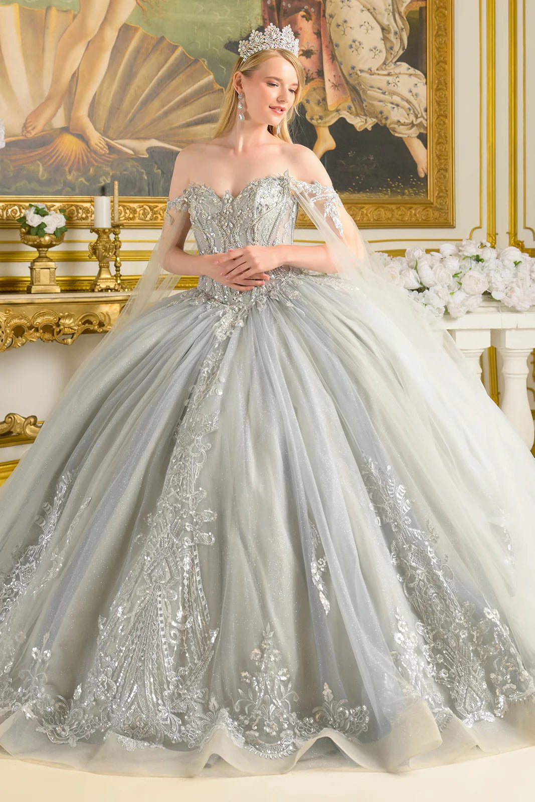 Off-Shoulder Beaded Corset Dress with Cape Sleeves & Train Ball Gown by Elizabeth K GL3711