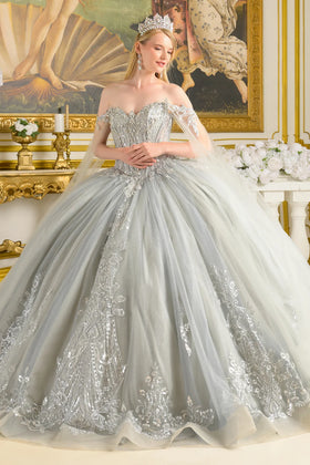 Off-Shoulder Beaded Corset Dress with Cape Sleeves & Train Ball Gown by Elizabeth K GL3711