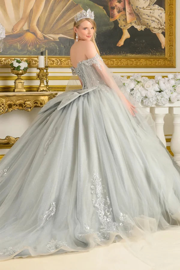 Off-Shoulder Beaded Corset Dress with Cape Sleeves & Train Ball Gown by Elizabeth K GL3711