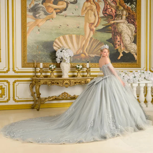Off-Shoulder Beaded Corset Dress with Cape Sleeves & Train Ball Gown by Elizabeth K GL3711