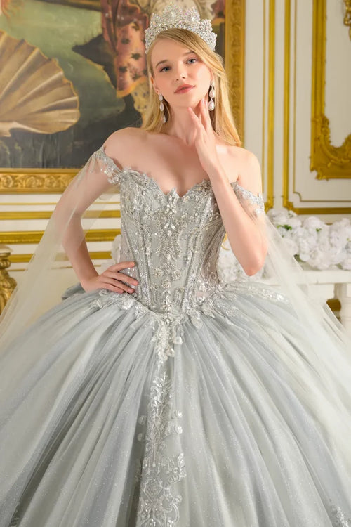 Off-Shoulder Beaded Corset Dress with Cape Sleeves & Train Ball Gown by Elizabeth K GL3711