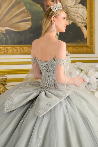 Off-Shoulder Beaded Corset Dress with Cape Sleeves & Train Ball Gown by Elizabeth K GL3711