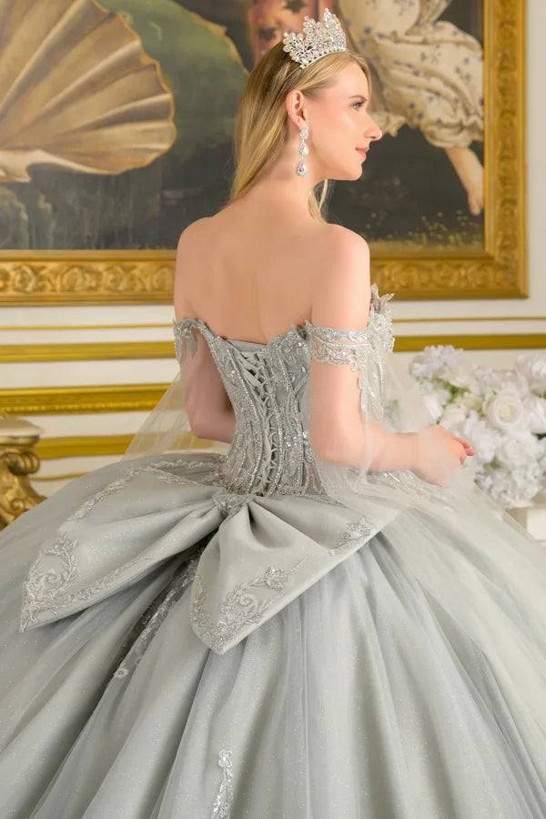 Off-Shoulder Beaded Corset Dress with Cape Sleeves & Train Ball Gown by Elizabeth K GL3711