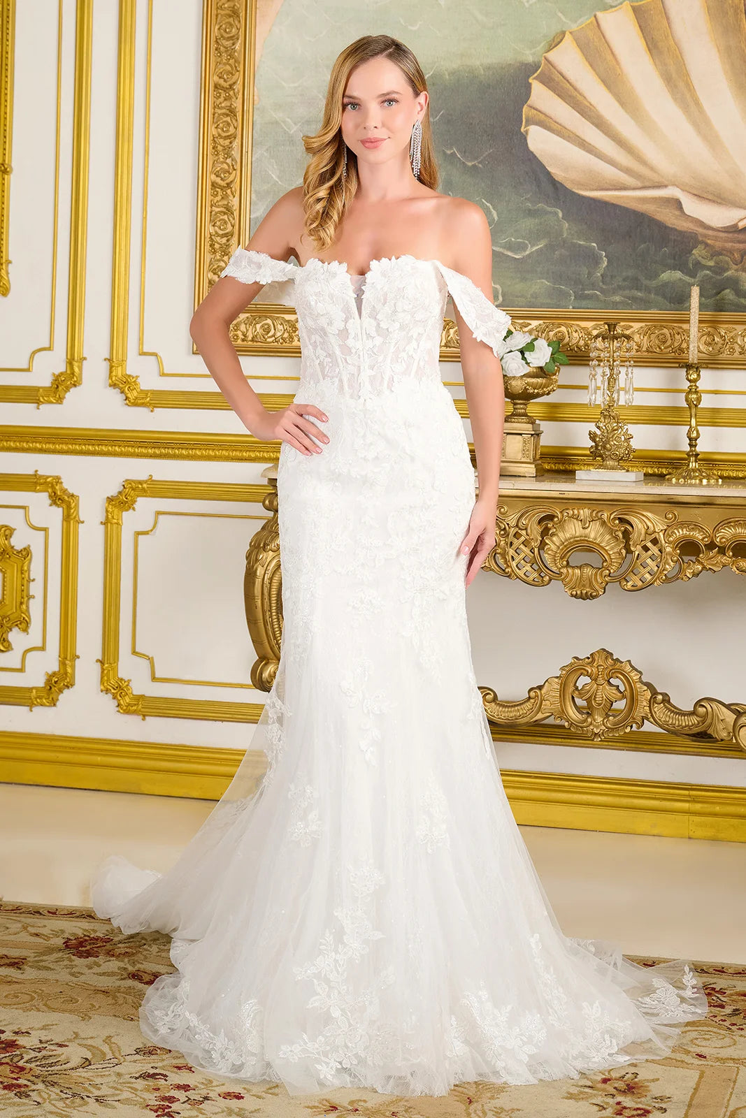 Off-White Fitted Lace Embroidered Corset Gown with Detachable Off-Shoulder Straps by Gloria GL3713