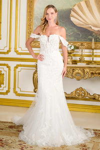 Off-White Fitted Lace Embroidered Corset Gown with Detachable Off-Shoulder Straps by Gloria GL3713
